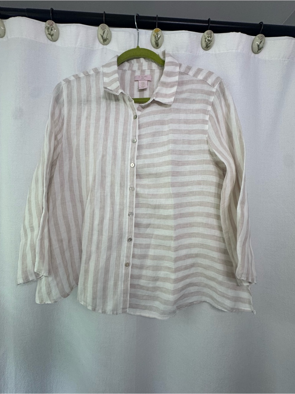 St. Tropez West 100% Linen Beige & White Striped Button-Up Shirt Size Medium